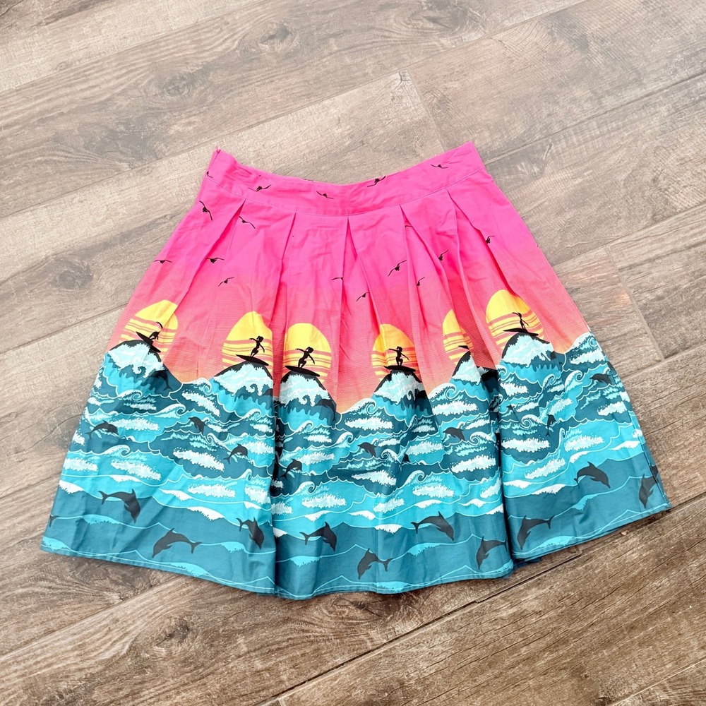Retro‎ Rockabilly Tropical Sunset Surfer Dolphin A-Line Skirt, Pink Blue, XXL